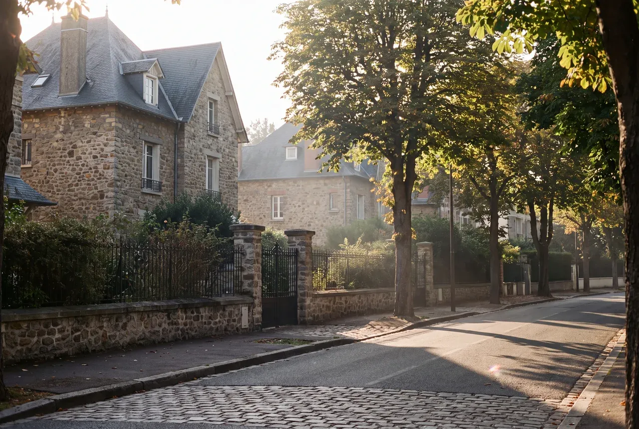 Rue résidentielle de Croissy-sur-Seine : maisons individuelles en meulière et en enduit clair, jardins clos, alignement d'arbres.