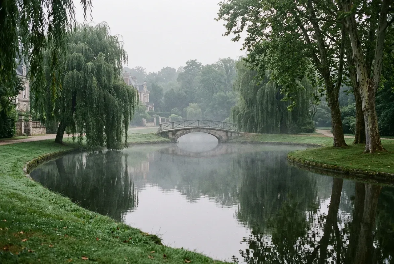 Le Vésinet, ville-parc : une villa ancienne en retrait de la voie, un parc arboré ouvert et une pelouse sans clôture.