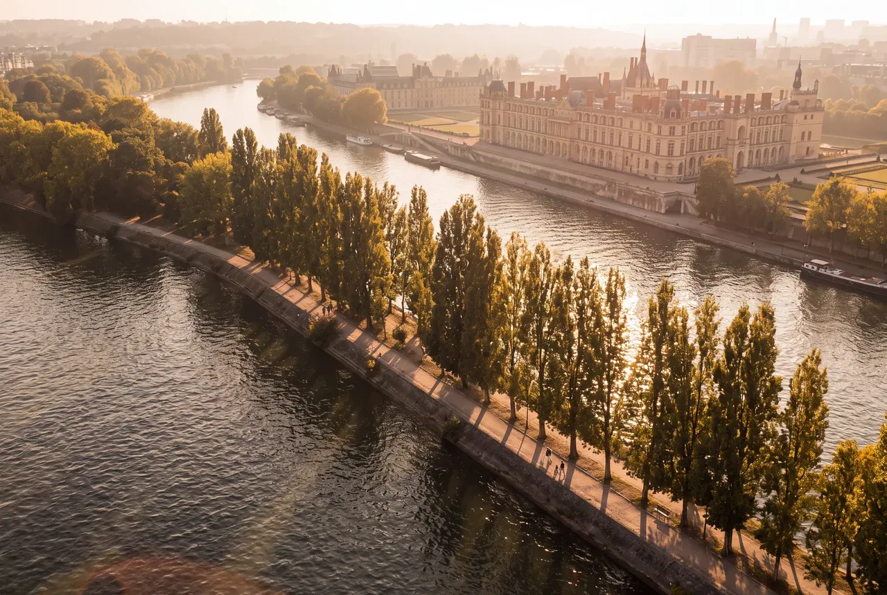 Les berges de Seine dans la boucle : le chemin de halage, la ripisylve et les premières parcelles bâties en léger surplomb du fleuve.